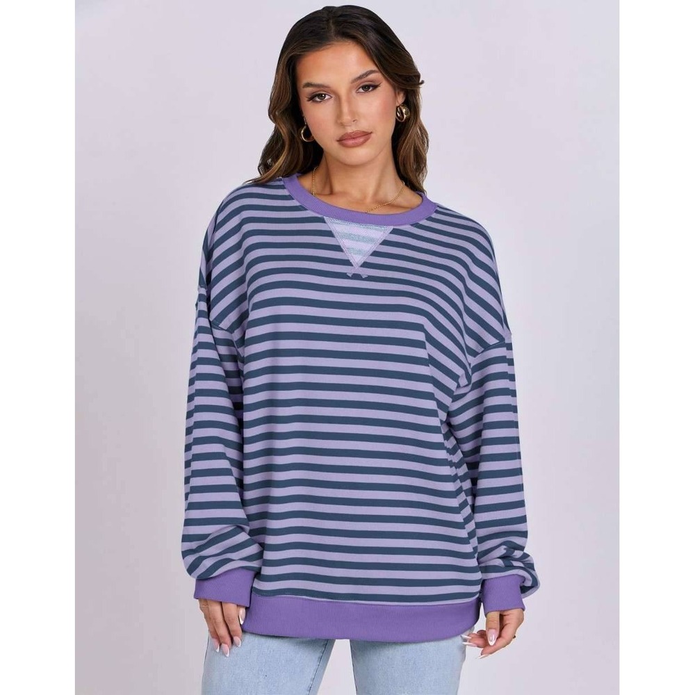 ANRABESS Striped Oversized Purple Blue Long Sleeve Sweatshirt Large
